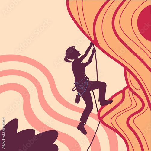 Rock Climber on Abstract Cliff with Motivational Quote – Adventure Perseverance Art, Mountain Resilience Illustration, Inspirational Summit Ascent, Minimalist Climbing Poster, Uplifting Outdoor Design