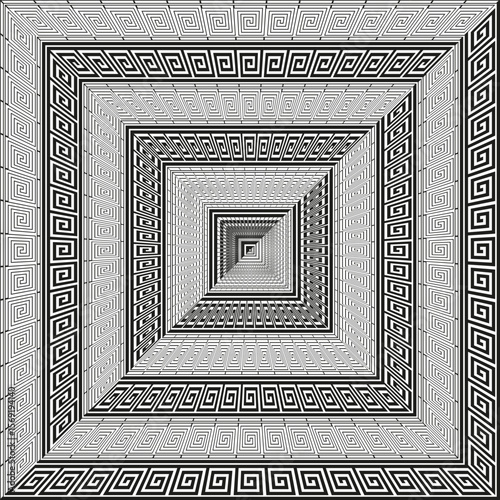 Greek key pattern. Perspective tunnel effect. Infinite geometric Vector. Repeating square design.