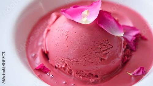 Wallpaper Mural A close up of a pink ice cream scoop garnished with delicate rose petals in a white bowl Torontodigital.ca