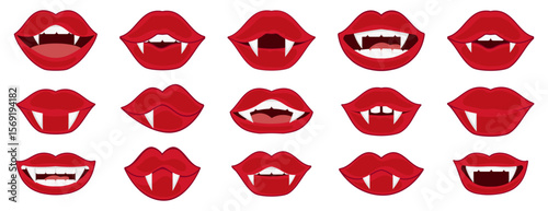 Vampire mouth collection with fanged lips. Red cartoon mouths in various expressions for Halloween, horror, or fantasy themes. Vector illustration set.