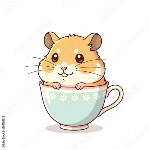 Adorable Cartoon Hamster Sitting in Floral Teacup
