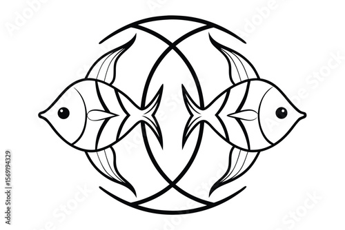 Black and white illustration of two stylized angelfish facing each other within a circular design line art