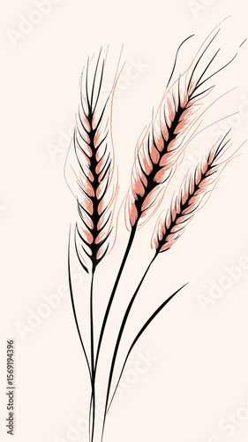 Minimalist vector illustration of three black and pink wheat ears with long slender stems and simple background for agriculture and nature design concepts