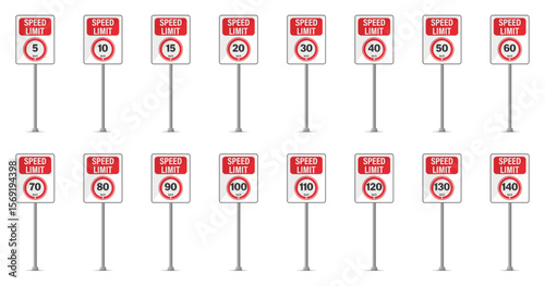 Speed limit sign collection in red and white. Road traffic signs with numbers on poles for transport and safety regulation. Vector set.