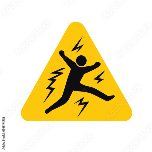 Electrical shock hazard warning sign with running person silhouette and lightning bolts in yellow caution triangle vector illustration symbol alert danger risk safety precaution icon