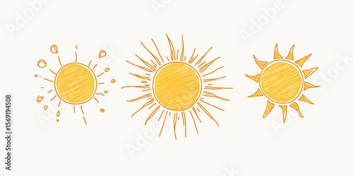 Three hand drawn orange sun doodles with different rays styles vector illustration simple minimalist sketch bright summer icons collection isolated on white background