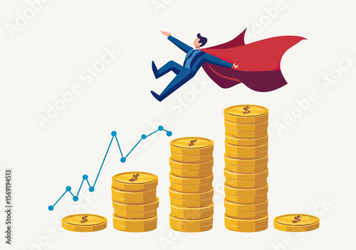 Businessman superhero flying above growing stacks of gold coins with upward trend chart symbolizing financial success and investment growth