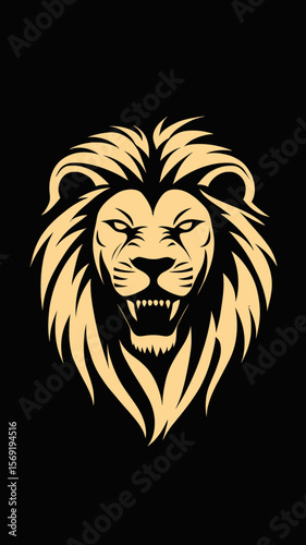 Fierce lion head vector logo with flowing mane and open mouth roaring animal wildlife emblem design in beige and black minimalist style
