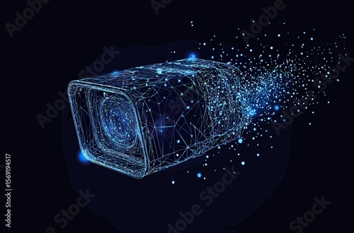 Digital 3D wireframe security camera with particle dispersion effect in blue low poly style on dark background technology concept illustration