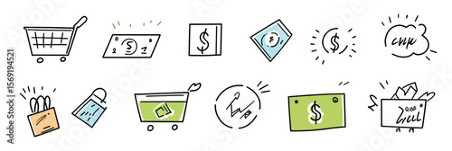 Hand drawn doodle shopping cart money bill coupon sale discount cash payment sketch line art vector illustration set