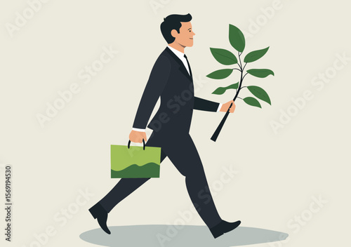 Businessman walking carrying green briefcase and leafy branch symbolizing eco friendly sustainable business and environmental responsibility concept vector illustration