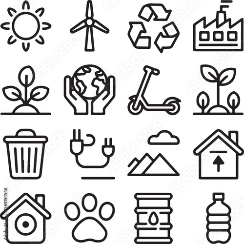 Sustainable Living Icons Eco-Friendly, Renewable Energy, and Recycling Symbols