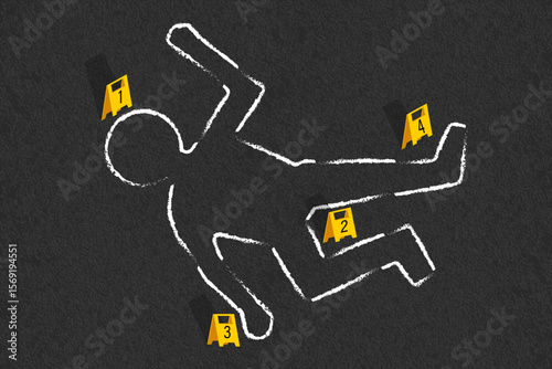 Crime scene body outline with evidence markers. Chalk silhouette on floor representing murder or forensic investigation. Vector illustration.