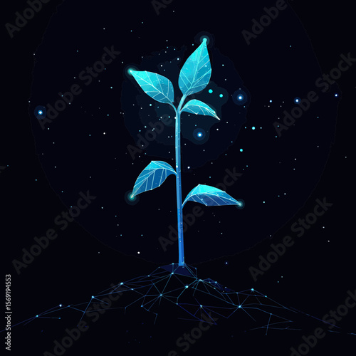 Futuristic low poly blue seedling sprout glowing with digital network soil and starry space background technology growth concept vector illustration