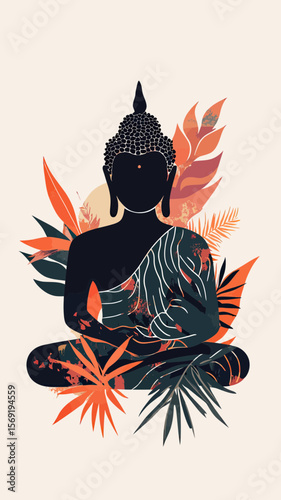 Silhouette of meditating Buddha statue with vibrant tropical leaves and minimalist abstract patterns in warm earthy tones vector illustration