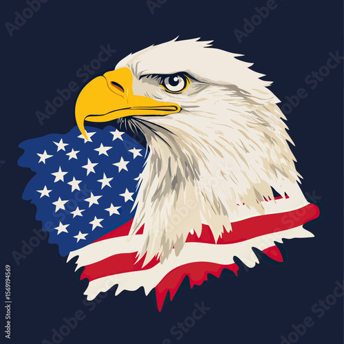 Vector illustration of American bald eagle head with United States flag background in minimalist flat style for patriotic USA concept design
