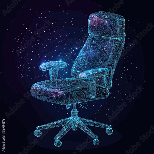 Abstract low poly wireframe office chair with adjustable armrests and wheels, digital blue glowing vector in space starry background concept for workspace and comfort design
