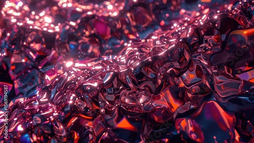 Unique texture of glossy metallic abstract surface with vibrant pink and red hues, suitable for futuristic backgrounds, digital art, technology themes, and modern design projects