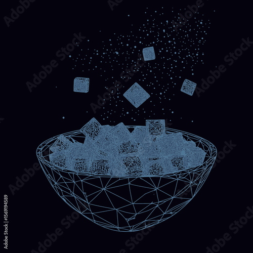 Wireframe sugar bowl filled with sugar cubes floating in starry space with connected points and polygonal lines digital illustration minimal vector design background