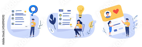 Customer feedback and review concept with people rating satisfaction, writing comments, checklist, and idea light bulb in flat minimalist style vector illustration