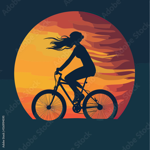 Silhouette of woman riding bicycle against vibrant orange and red sunset sky with flowing hair in minimalist vector style