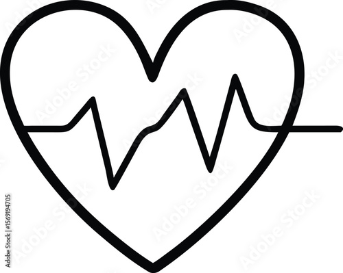 Simple black line drawing of a heart with a cardiogram inside on a white background