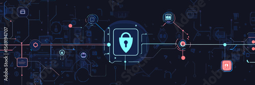 Digital cyber security network with padlock icon, encrypted data transmission, computer protection, online safety concept illustration with blue and red lines on dark background