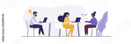 Diverse group of people collaborating on laptops around modern table with documents and potted plant in minimalist office setting vector illustration