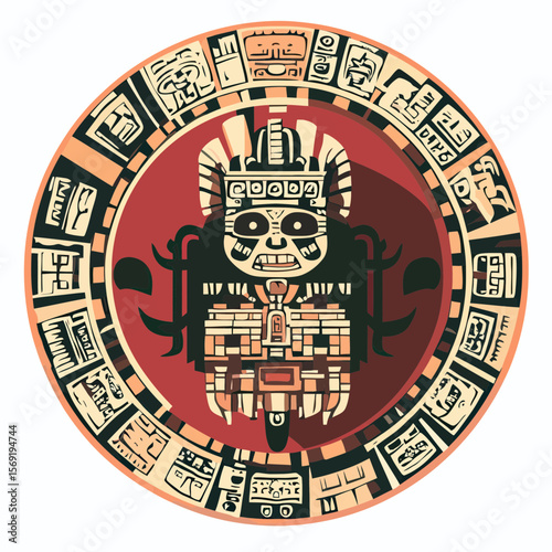 Mayan Aztec calendar stone vector illustration with traditional glyphs and central deity figure in flat minimalist style