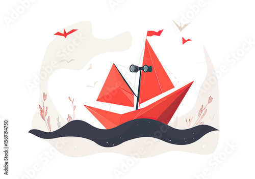 Red origami paper sailboat with binoculars on mast sailing black waves surrounded by birds minimalist flat vector illustration