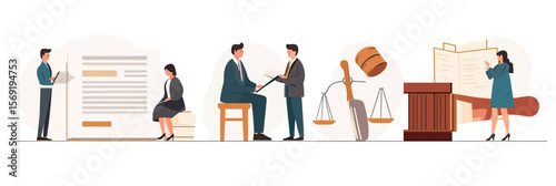 Business people signing legal contract consultation with lawyer legal scales and judge gavel courtroom justice concept vector illustration