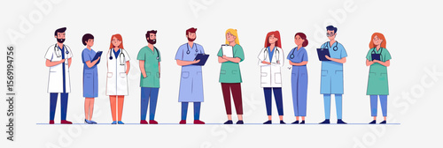 Diverse medical team standing together male and female doctor nurse surgeon therapist healthcare professionals flat vector illustration in minimalist style