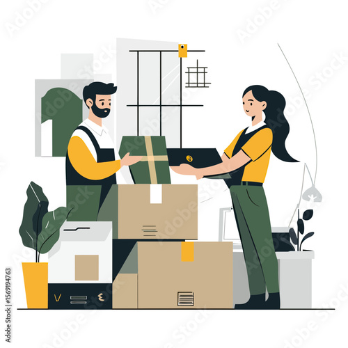 Two people exchanging packages with stacked shipping boxes in modern office environment teamwork and logistics concept flat vector illustration