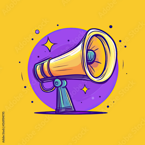 Colorful hand drawn megaphone loudspeaker icon with decorative stars and purple circle background in flat minimalist vector styleIllustration for communication and announcement concepts