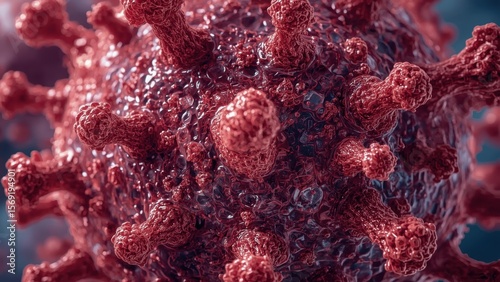 Unique texture of coronavirus close-up showing detailed viral surface structure, scientific research, healthcare awareness, pandemic concept, medical background, red and dark colors, microscopic view