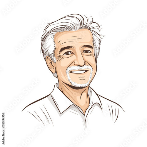  Mature man with gray hair smiling front view white background illustration