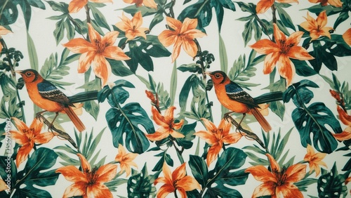 Unique pattern of tropical birds perched among vibrant orange lilies and lush green leaves creating exotic nature background ideal for design, decoration, textile, or summer theme