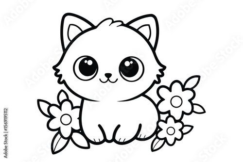 Adorable fluffy kitten with big eyes surrounded by flowers cute