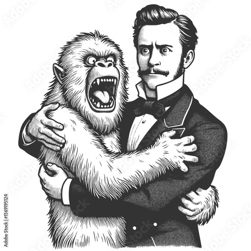man embracing Yeti shaggy monster in a surreal, humorous scene sketch engraving generative ai fictional character vector illustration. Scratch board imitation. Black and white image.