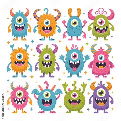 Halloween monsters characters vector set design. Halloween cute colorful monster character in happy, joyful, fun, cheerful facial expressions and horror emoticon in white isolated background. Vector