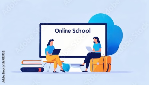 Two students reading books while attending online school represented on a large computer screen; concept for distance learning and e-education.