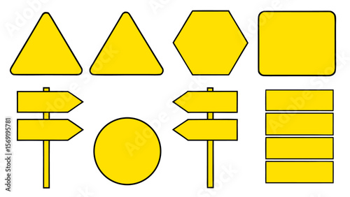 Vector illustration of standard road warning signs on poles featuring clear black symbols on yellow diamond shapes, ideal for traffic safety, driving, and navigation design