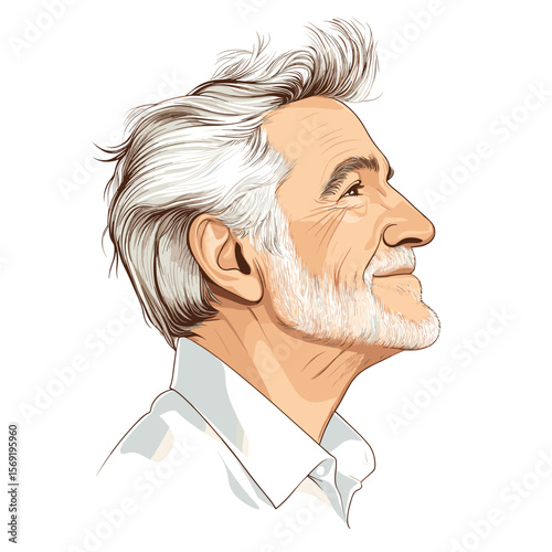 Mature man with beard smiling profile view white background illustration