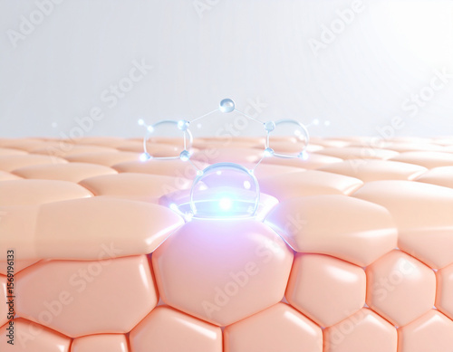 Illustration of skin cells with water droplets, showing hydration and care.
