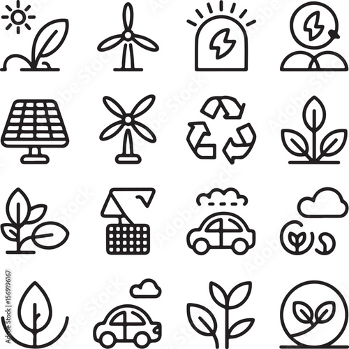 Renewable Energy Icons  Solar, Wind, and Green Technology Symbols