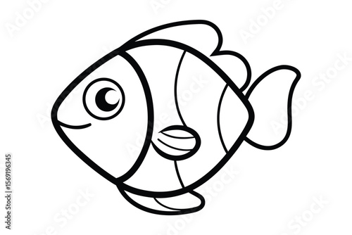 Stylized black and white illustration of a friendly fish cartoon