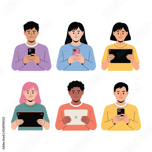 Modern tech theme illustration of young adults holding phones and tablets in pastel colors

