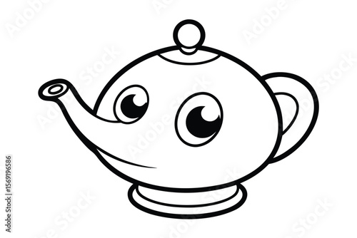 Cheerful cartoon teapot with large eyes and a handle drawing illustration