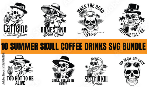 Set of ten summer skull coffee drink designs in svg format for various creative projects