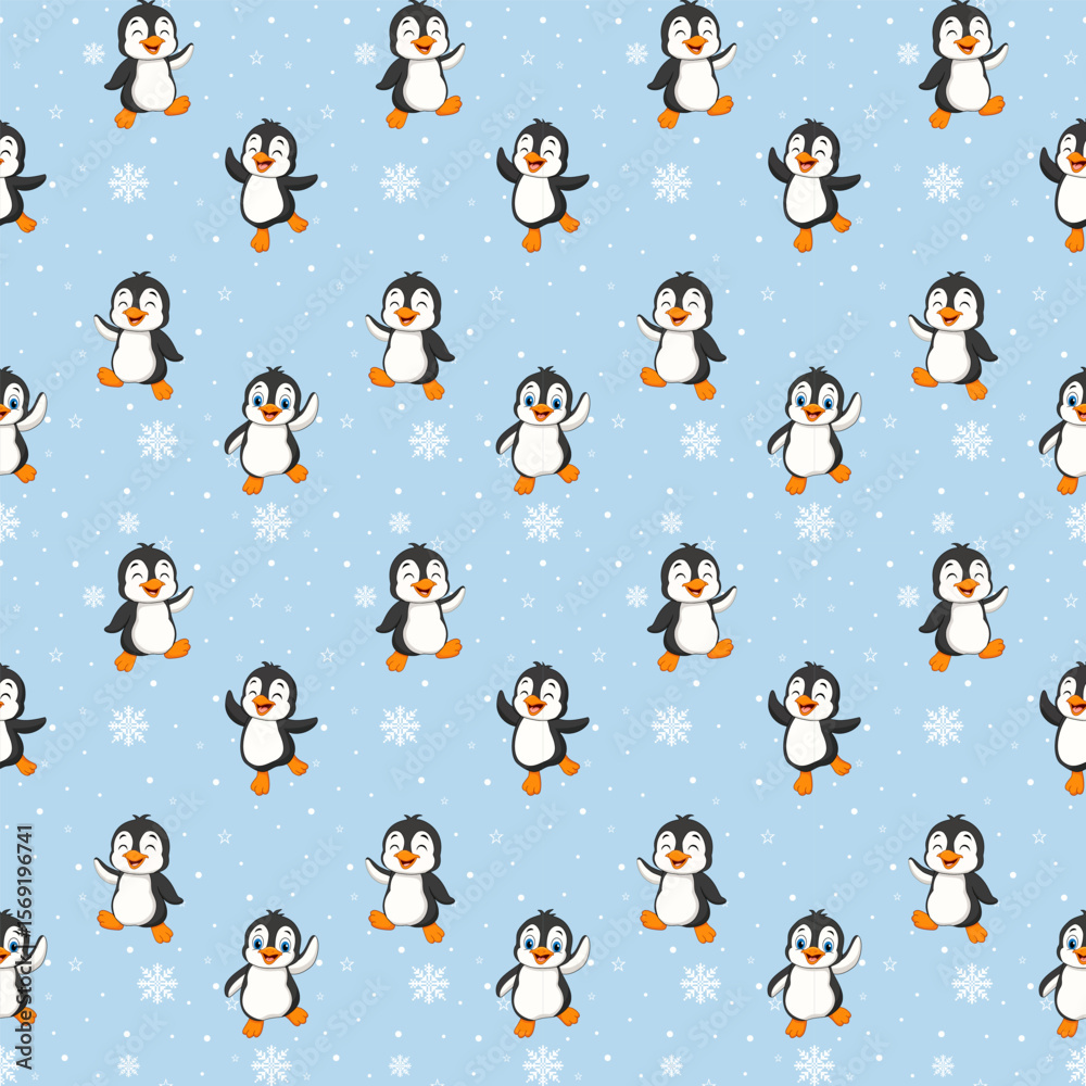 Fototapeta premium A cute cartoon penguin with a black and white face, orange beak and feet, and bright, round eyes. It has various poses such as standing, smiling, waving, jumping, and being cheerful, giving a